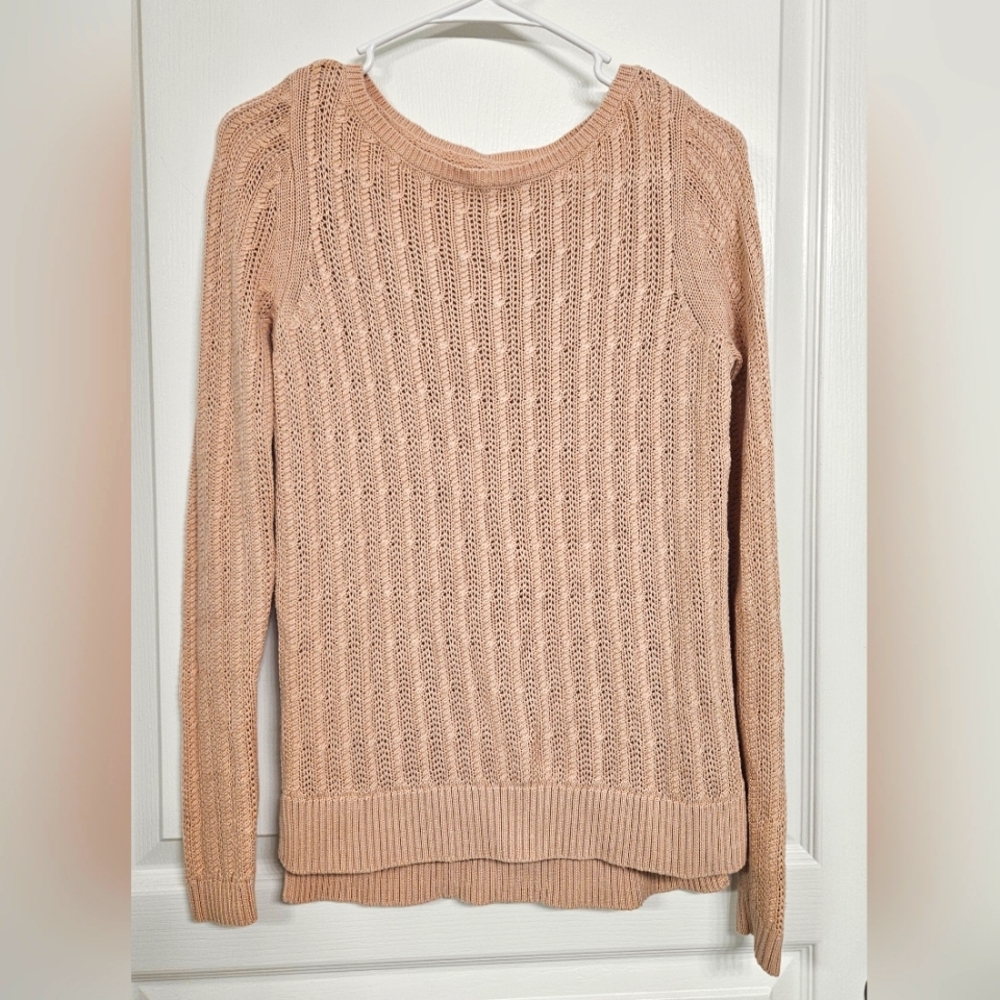 Ann Taylor Loft XS chunky cable knit crew neck pale pink sweater Silk Blend